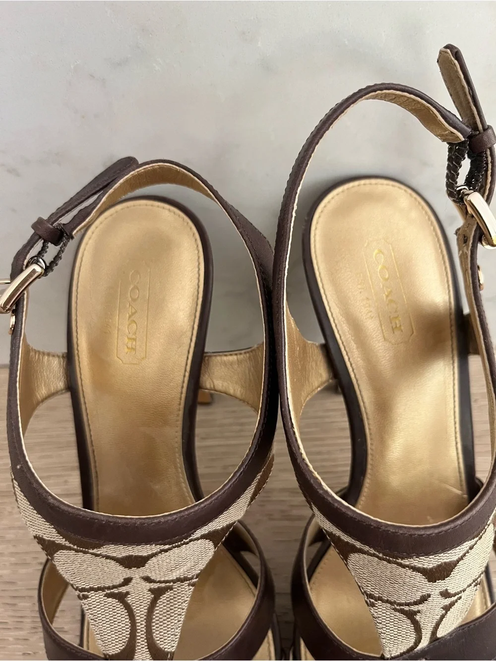 Coach Brown Leather Dita Platform Sandals High Heels w/ Logo Sz 8.5